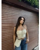 Bej Düğmeli Deri Strapelez Crop