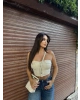 Bej Düğmeli Deri Strapelez Crop