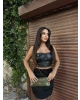 Siyah Düğmeli Deri Strapelez Crop