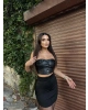 Siyah Düğmeli Deri Strapelez Crop