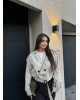 Bej Düğme Detay Kemerli Crop Trençkot