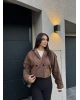 Kahverengi Düğme Detay Kemerli Crop Trençkot