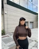 Crop Kahverengi Fermuarlı Hırka