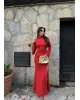 Kırmızı Sırt Detay İspanyol Kol Uzun Elbise