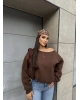 Kahverengi Kayık Yaka Oversize Sweatshirt