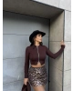 Kahverengi Çift Fermuarlı Crop Hırka