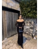Siyah Dantelli Madonna Yaka Uzun Elbise
