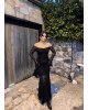 Siyah Dantelli Madonna Yaka Uzun Elbise