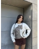 Beyaz Leopar Baskılı Oversize Sweatshırt