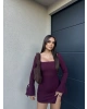 Bordo İspanyol Kol Crep Mini Elbise