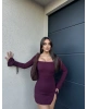 Bordo İspanyol Kol Crep Mini Elbise