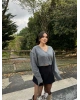 Gri Sırt Baskılı Crop Hırka