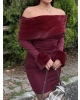 Bordo Kürklü Madonna Yaka Elbise