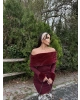 Bordo Kürklü Madonna Yaka Elbise