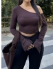 Kahverengi Tek Omuz Büzgülü Asimetrik Crop