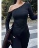 Siyah Tek Omuz Büzgülü Asimetrik Crop