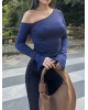 Lacivert Tek Omuz Büzgülü Asimetrik Crop
