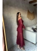 Bordo Dantelli Madonna Yaka Uzun Elbise