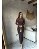 Kahverengi Tül Astarlı Uzun Elbise