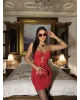Kırmızı Askılı Dekolteli Mini Elbise