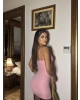 Pembe Askılı Dekolteli Mini Elbise