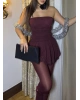 Bordo Simli Straplez Şortlu Elbise