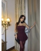 Bordo Simli Straplez Şortlu Elbise