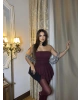 Bordo Simli Straplez Şortlu Elbise
