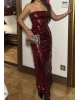 Bordo Straplez Uzun Payetli Elbise