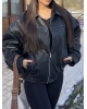Siyah Oversize Dikiş Detay Deri Ceket