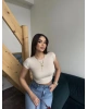 Bej Kısa Kol Crop Top