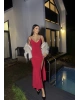Kırmızı Fiyonk Dekolteli Uzun Elbise