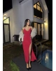 Kırmızı Fiyonk Dekolteli Uzun Elbise