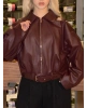 Bordo Kemer Detay Oversize Deri Ceket