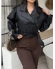 Siyah Crop Kemerli Deri Ceket
