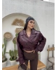 Bordo Crop Kemerli Deri Ceket