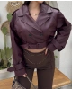 Bordo Crop Kemerli Deri Ceket