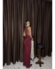 Bordo Dantel Detay Derin Degaje Yaka Elbise
