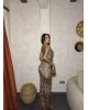 Leopar Kare Yaka Korseli Uzun Elbise