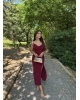 Bordo Degaje Yaka Uzun Elbise