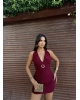 Bordo G Tokalı Boyundan Bağlamalı Mini Elbise