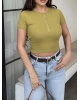 Yeşil Düğme Detay Kısa Kol Crop