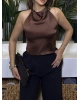 Kahverengi Saten Sırt Dekolteli Crop