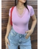 Pembe V Yaka Kısa Kol Dantel Bluz