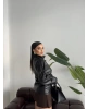 Siyah Kısa Suni Deri Dik Yaka Ceket