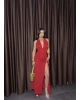 Kırmızı Sırt Dekolteli Yırtmaçlı Uzun Elbise