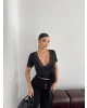 Siyah Kruvaze Bağlama Dantelli Crop