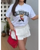 Beyaz California Baskılı Oversize Tshırt