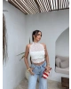 Beyaz Boyundan Bağlamalı Astarlı Güpürlü Crop