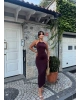 Kahverengi Halter Yaka Aksesuarlı Uzun Elbise